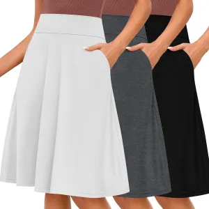 Riyiper 3 Pack Women's Knee Length Skirts, Casual High Waisted Flared Midi A Line Summer Basic Pull-on Skirts with Pockets