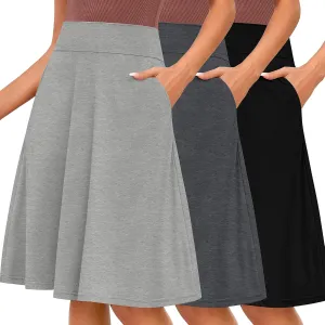 Riyiper 3 Pack Women's Knee Length Skirts, Casual High Waisted Flared Midi A Line Summer Basic Pull-on Skirts with Pockets