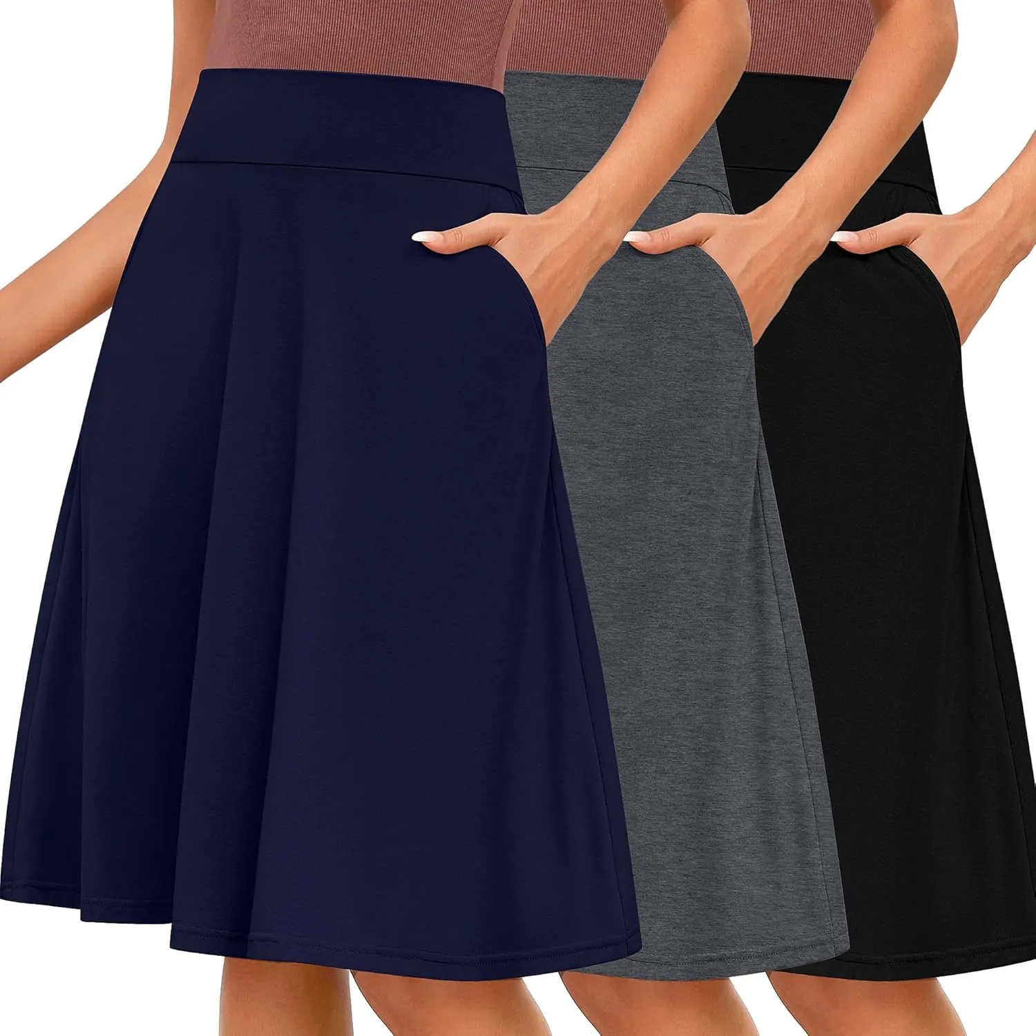 Riyiper 3 Pack Women's Knee Length Skirts, Casual High Waisted Flared Midi A Line Summer Basic Pull-on Skirts with Pockets