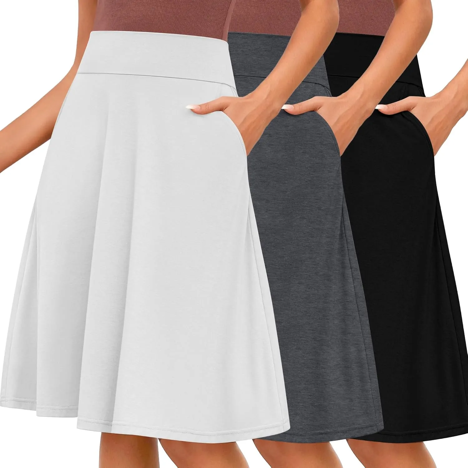 Riyiper 3 Pack Women's Knee Length Skirts, Casual High Waisted Flared Midi A Line Summer Basic Pull-on Skirts with Pockets