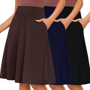 Riyiper 3 Pack Women's Knee Length Skirts, Casual High Waisted Flared Midi A Line Summer Basic Pull-on Skirts with Pockets