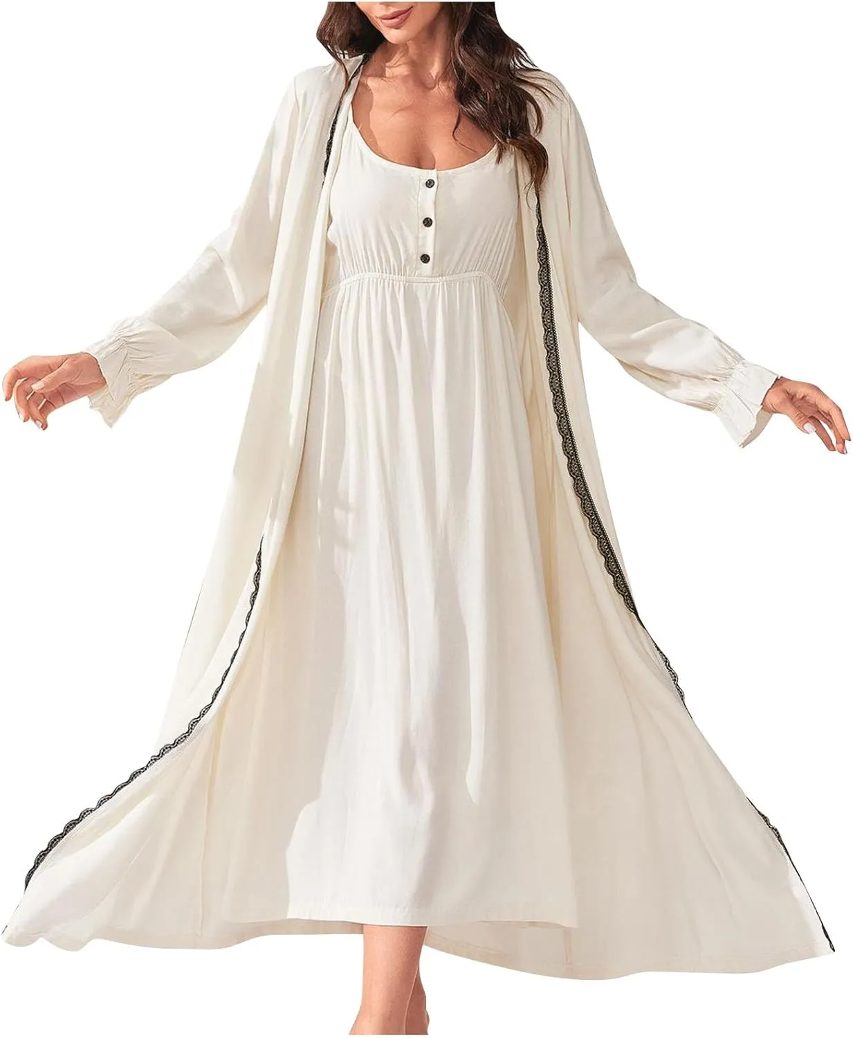 Robe Sets for Women 2 Piece Nightgown Long Sleeve Bathrobe Soft Sleepwear Chemise Bride Pajama Cotton Loungewear