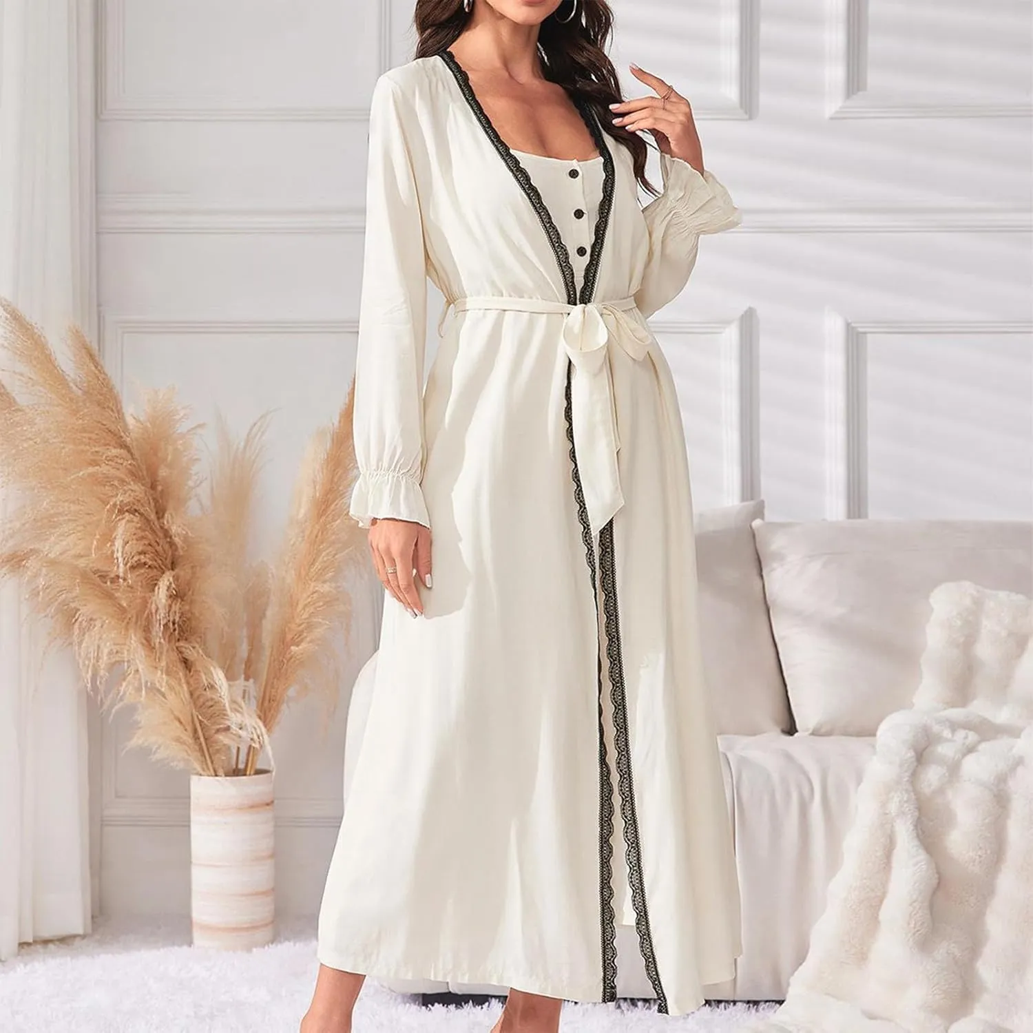 Robe Sets for Women 2 Piece Nightgown Long Sleeve Bathrobe Soft Sleepwear Chemise Bride Pajama Cotton Loungewear