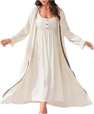 Robe Sets for Women 2 Piece Nightgown Long Sleeve Bathrobe Soft Sleepwear Chemise Bride Pajama Cotton Loungewear