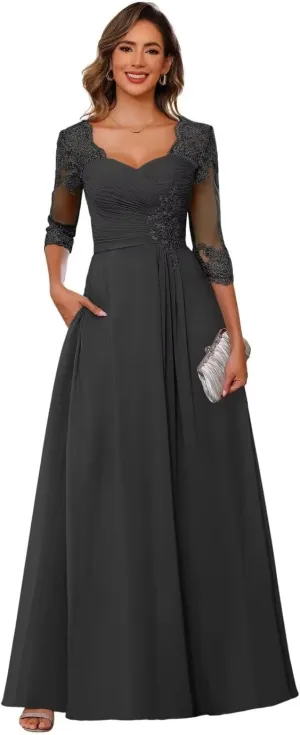 RSOETOO Lace Appliques Mother of The Bride Dresses Short Sleeves Long Sequin Beaded Formal Evening Prom Dress RO220