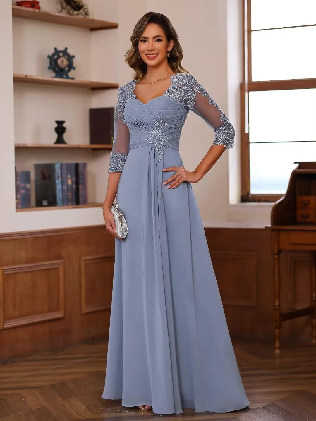RSOETOO Lace Appliques Mother of The Bride Dresses Short Sleeves Long Sequin Beaded Formal Evening Prom Dress RO220