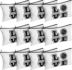 Saintrygo 12 Pieces Volleyball Pouch Makeup Bag with Words Volleyball Travel Storage Bags Portable Storage Case Organizer Toiletry Accessories with Zippers for Players Teams Women(White,Love)