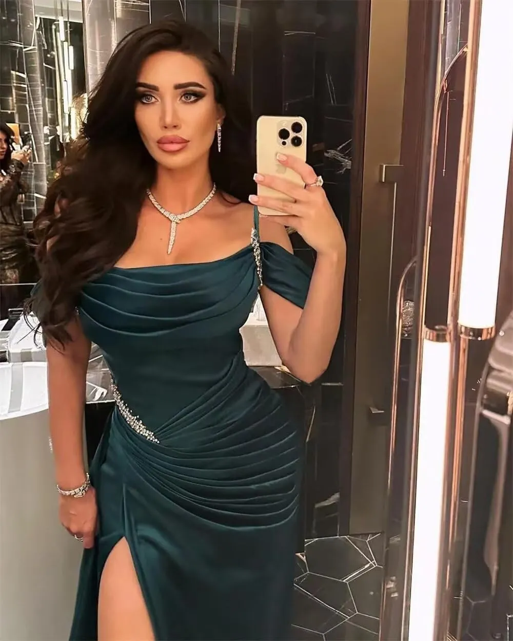 Satin Mermaid Prom Dress 2025 Long Spaghtti Straps Beaded Sparkly Wedding Dresses Split Ball Gowns for Women Formal