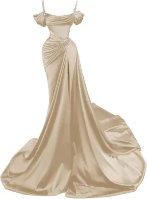 Satin Mermaid Prom Dress 2025 Long Spaghtti Straps Beaded Sparkly Wedding Dresses Split Ball Gowns for Women Formal