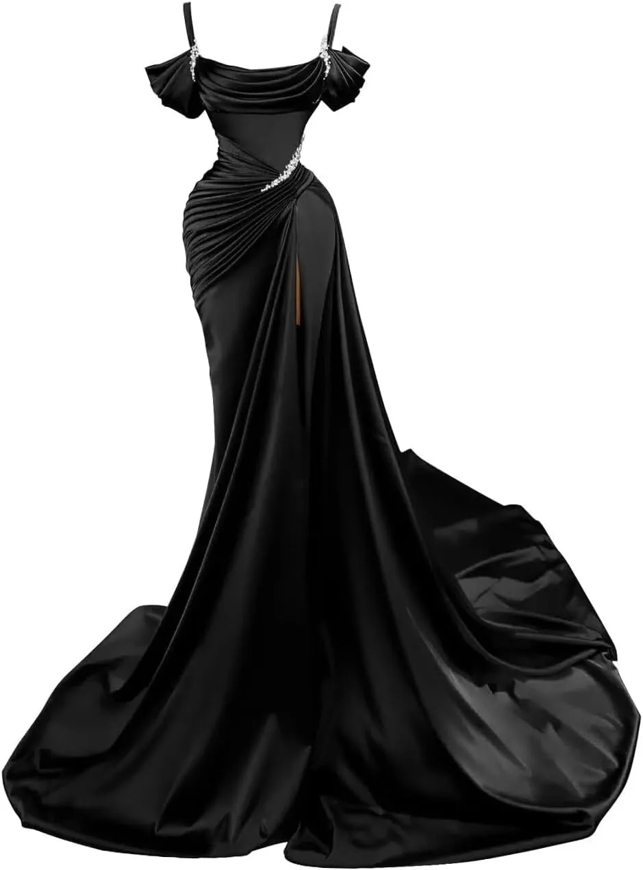 Satin Mermaid Prom Dress 2025 Long Spaghtti Straps Beaded Sparkly Wedding Dresses Split Ball Gowns for Women Formal