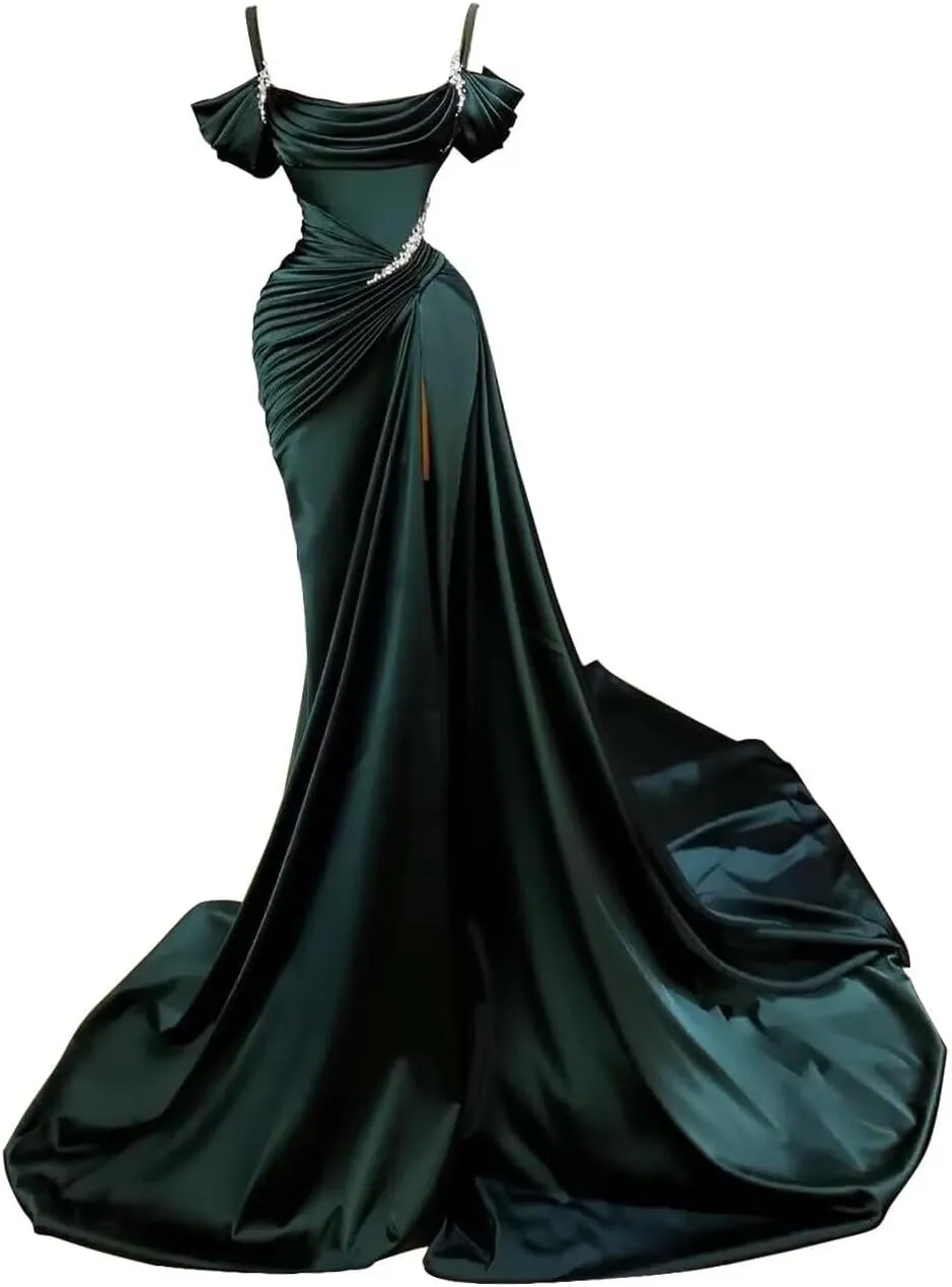 Satin Mermaid Prom Dress 2025 Long Spaghtti Straps Beaded Sparkly Wedding Dresses Split Ball Gowns for Women Formal