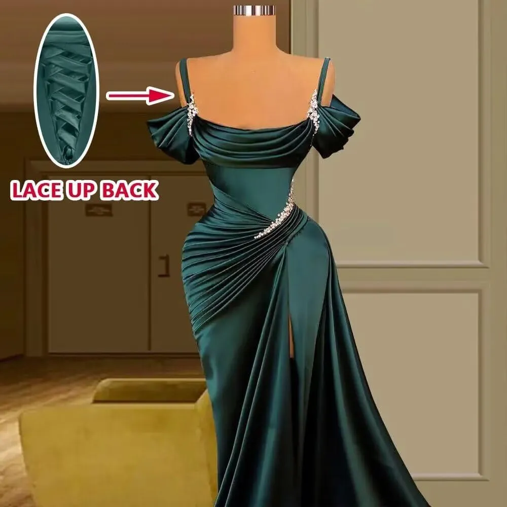 Satin Mermaid Prom Dress 2025 Long Spaghtti Straps Beaded Sparkly Wedding Dresses Split Ball Gowns for Women Formal