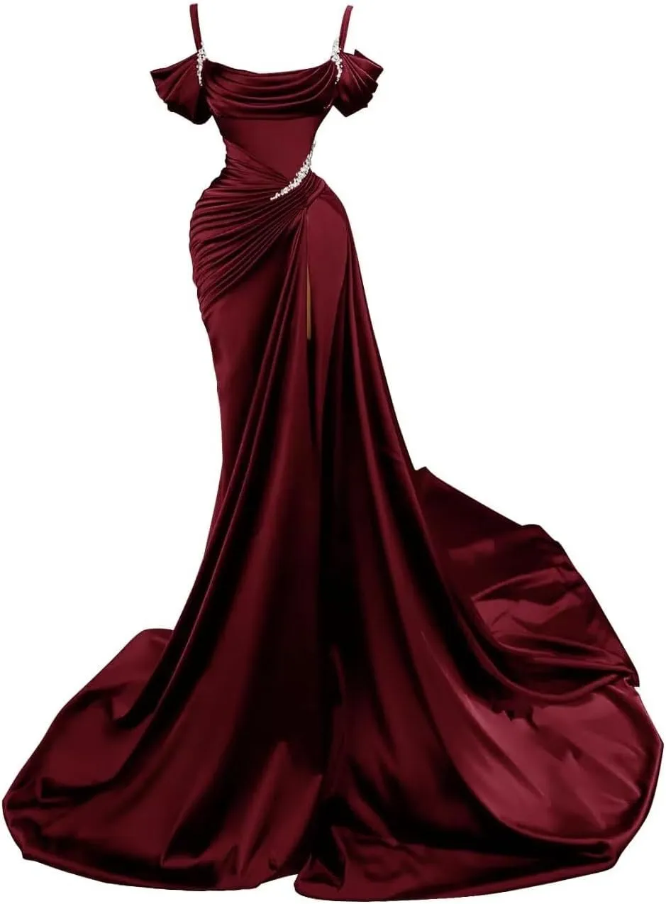 Satin Mermaid Prom Dress 2025 Long Spaghtti Straps Beaded Sparkly Wedding Dresses Split Ball Gowns for Women Formal