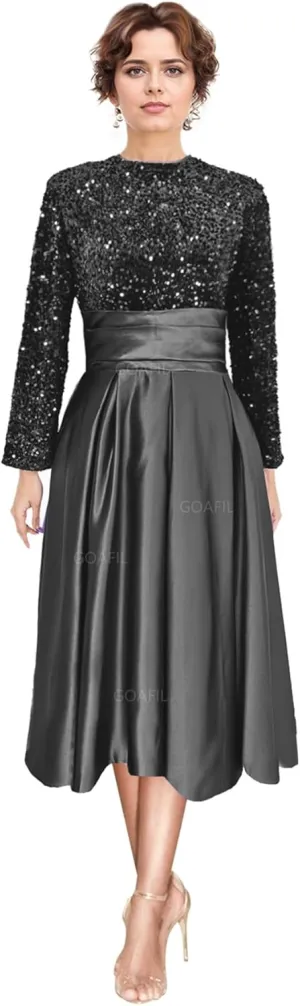 Sequin Long Sleeve Mother of The Bride Dresses for Wedding Tea Length Satin Ball Gown Formal Evening Gowns