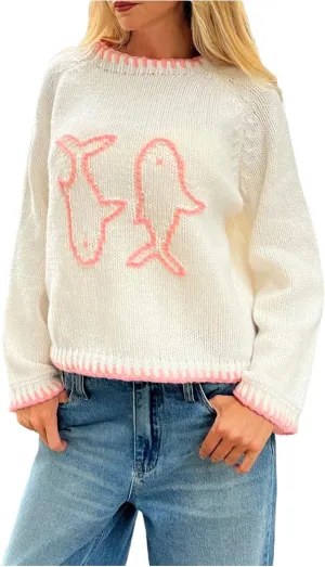 SHENHE Women's Oversized Graphic Pullover Sweater Crew Neck Cute Soft Knitted Sweater