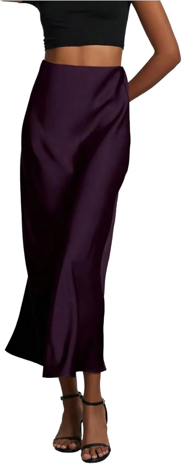 SHENHE Women's Satin Maxi Skirts High Waisted A Line Long Skirts Elegant Office Skirts