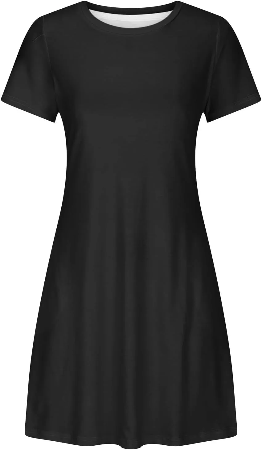 Short Sleeve Dress for Women Crewneck T Shirt Dress Solid Babydoll Dress with Pockets Holiday Vacation Clothes