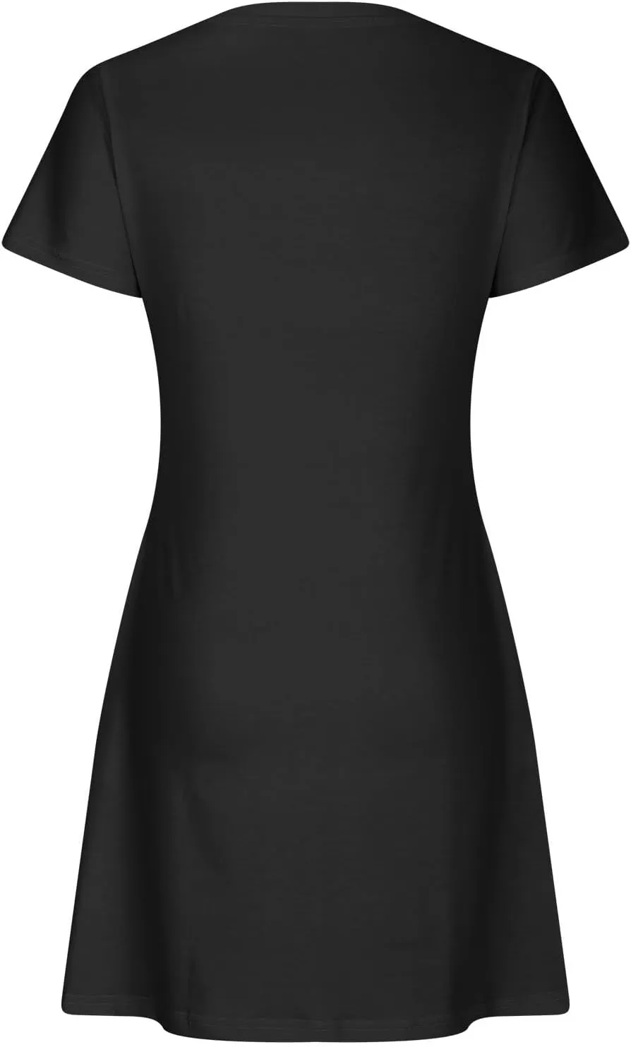 Short Sleeve Dress for Women Crewneck T Shirt Dress Solid Babydoll Dress with Pockets Holiday Vacation Clothes