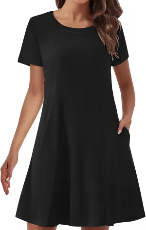 Short Sleeve Dress for Women Crewneck T Shirt Dress Solid Babydoll Dress with Pockets Holiday Vacation Clothes