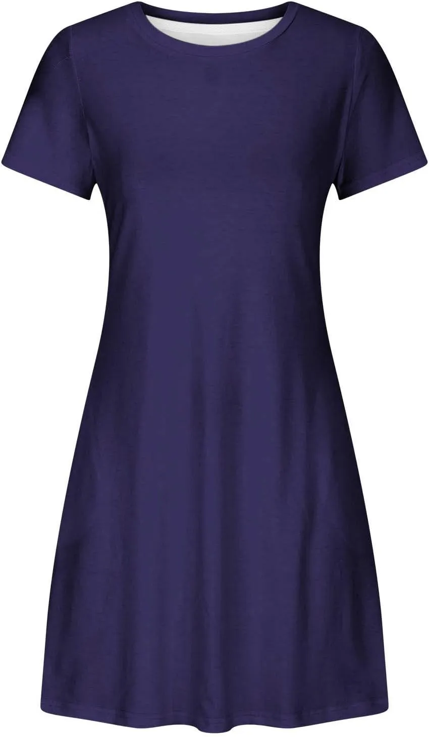 Short Sleeve Dress for Women Crewneck T Shirt Dress Solid Babydoll Dress with Pockets Holiday Vacation Clothes