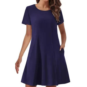 Short Sleeve Dress for Women Crewneck T Shirt Dress Solid Babydoll Dress with Pockets Holiday Vacation Clothes