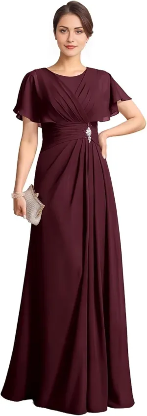 Short Sleeve Mother of The Bride Dresses Long Chiffon Beaded Formal Dress Scoop Neck Wedding Guest Dresses for Women