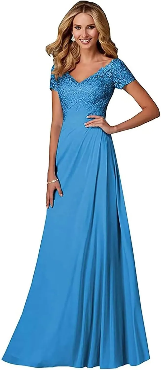 Short Sleeves Mother of Bride Dress Laces Chiffon Mother of The Groom Dress for Women Formal Wedding Guest Dress