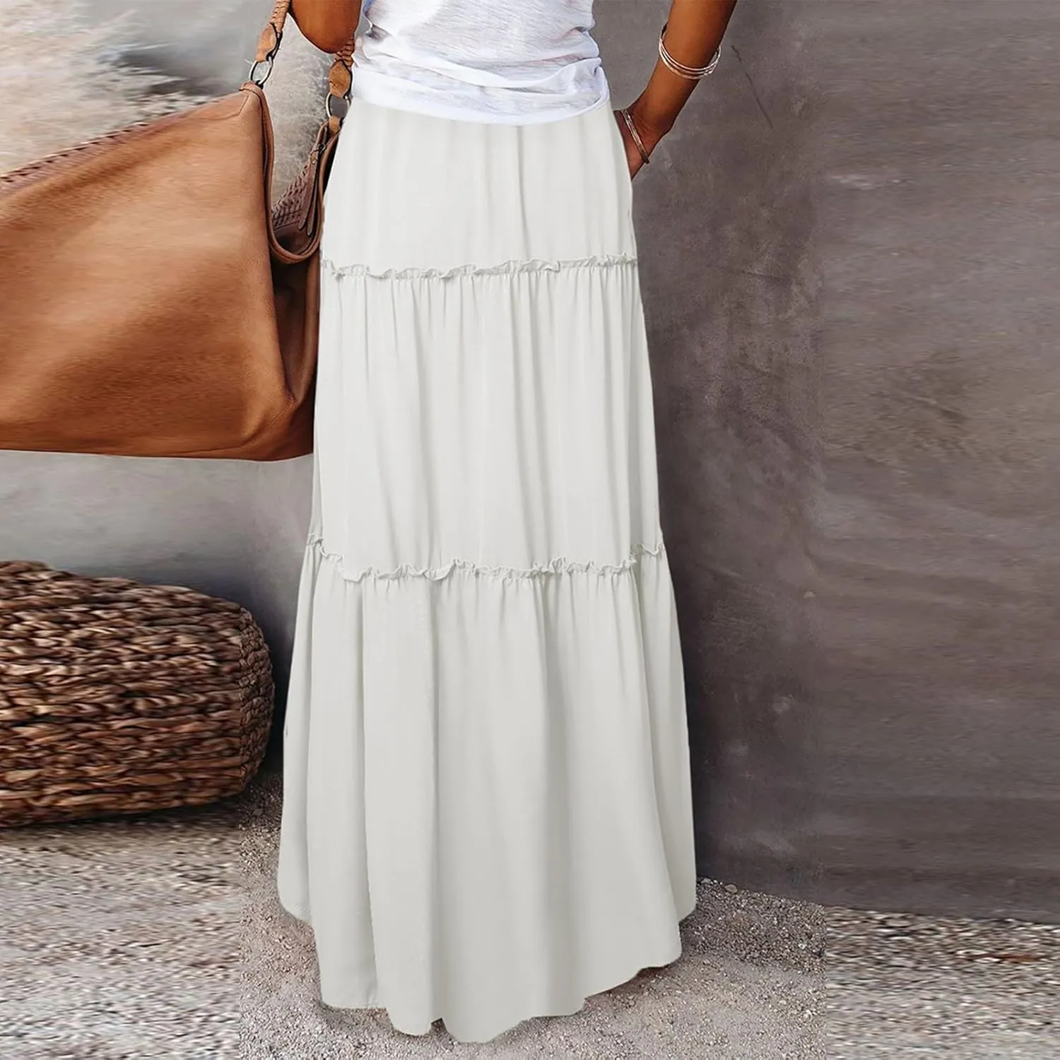 Silk Maxi Skirts for Women Long Tiered Elastic High Waisted Skirts Drawstring Pleated Dance Flowy Skirt with Pockets