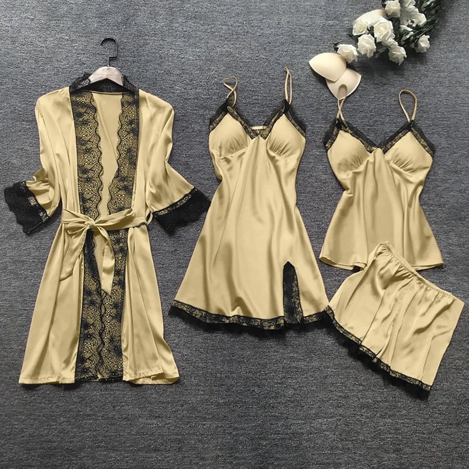 Silk Pajamas for Women Set 4PCS Sexy Lace Trim Camisole Top Shorts Pjs Set Soft Comfy Sleepwear with Nightgowns Robes