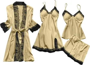 Silk Pajamas for Women Set 4PCS Sexy Lace Trim Camisole Top Shorts Pjs Set Soft Comfy Sleepwear with Nightgowns Robes