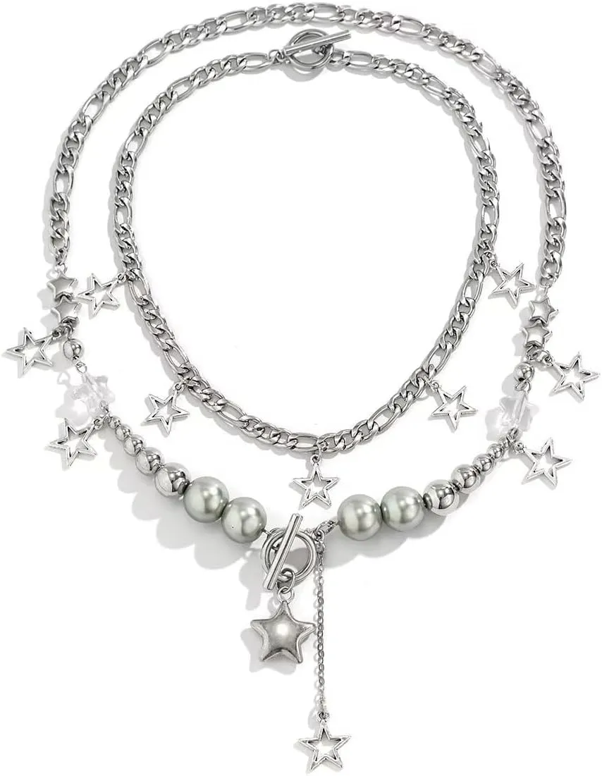 Silver Star Pendant Layered Necklaces Pentagram Adjustable Chain Necklaces Y2K Punk Hip Hop Jewelry Gifts for Women