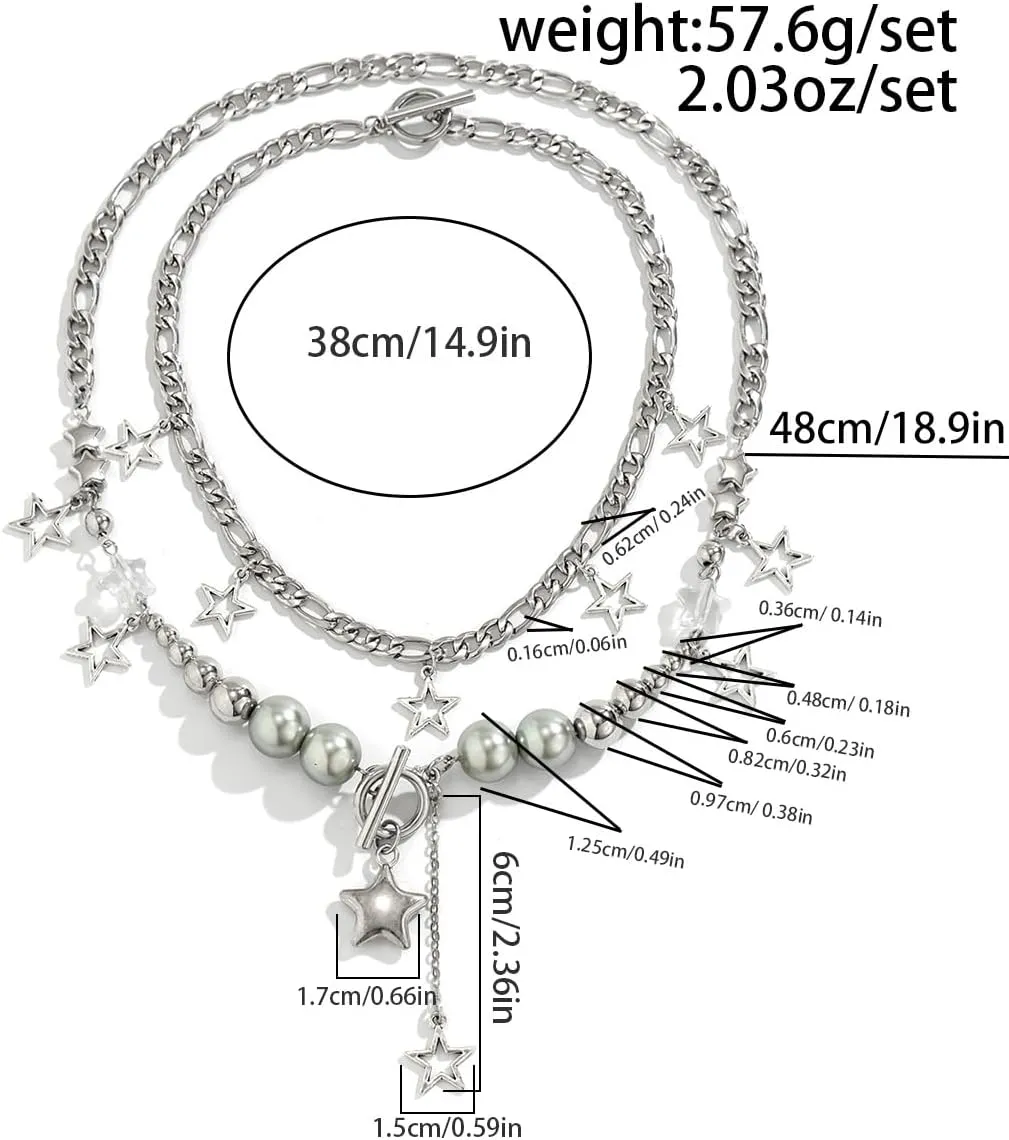 Silver Star Pendant Layered Necklaces Pentagram Adjustable Chain Necklaces Y2K Punk Hip Hop Jewelry Gifts for Women