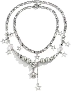 Silver Star Pendant Layered Necklaces Pentagram Adjustable Chain Necklaces Y2K Punk Hip Hop Jewelry Gifts for Women