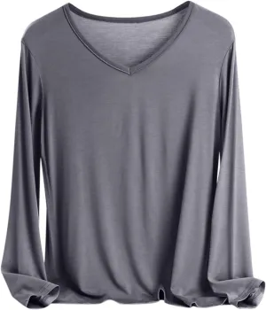 Sleep Shirts for Women Modal V Neck Solid Color Lounge Pajamas Top Soft Ladies Long Sleeve Pajama Shirt