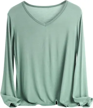 Sleep Shirts for Women Modal V Neck Solid Color Lounge Pajamas Top Soft Ladies Long Sleeve Pajama Shirt