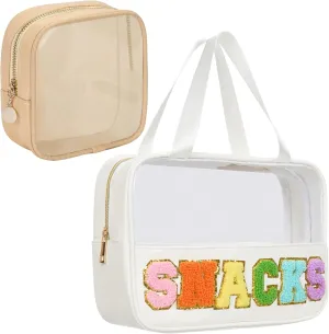 Snack bags, Snack Pouch Chenille Letter Patch Clear Bag, Snack Bag for travel, Preppy Cosmetic Bag Clear Snack pouch with Zipper, Toiletry Bags for Traveling women, Clear Travel Bags for Toiletries