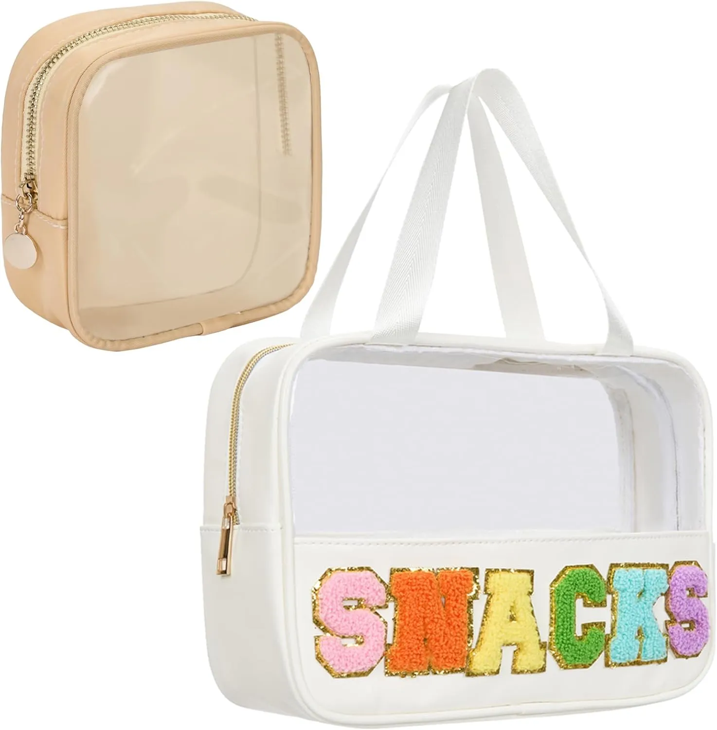 Snack bags, Snack Pouch Chenille Letter Patch Clear Bag, Snack Bag for travel, Preppy Cosmetic Bag Clear Snack pouch with Zipper, Toiletry Bags for Traveling women, Clear Travel Bags for Toiletries