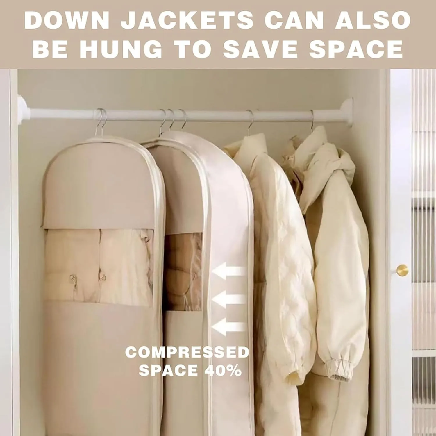 Space Saving Hanging Garment Bag with Self Compression Zipper,Space Saver Closet Organizers,Dust Cover Clothes Bags for Down Coat (1Pcs Oatmeal, 35.4322.835.91)