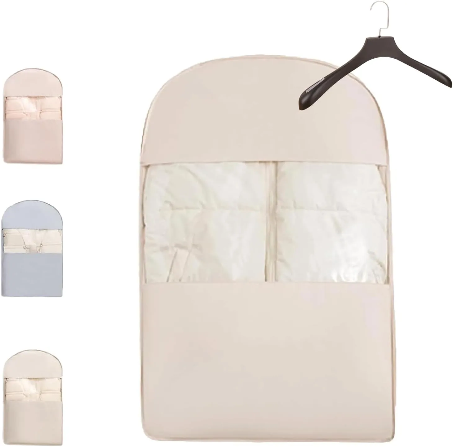 Space Saving Hanging Garment Bag with Self Compression Zipper,Space Saver Closet Organizers,Dust Cover Clothes Bags for Down Coat (1Pcs Oatmeal, 35.4322.835.91)