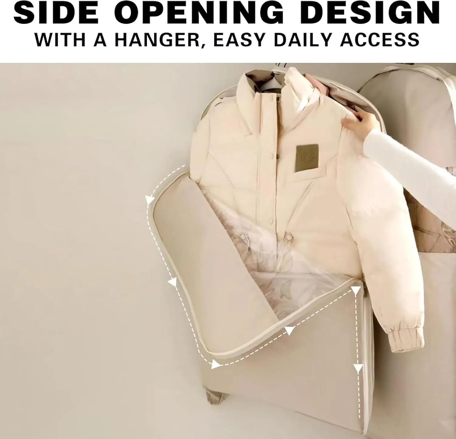 Space Saving Hanging Garment Bag with Self Compression Zipper,Space Saver Closet Organizers,Dust Cover Clothes Bags for Down Coat (1Pcs Oatmeal, 35.4322.835.91)