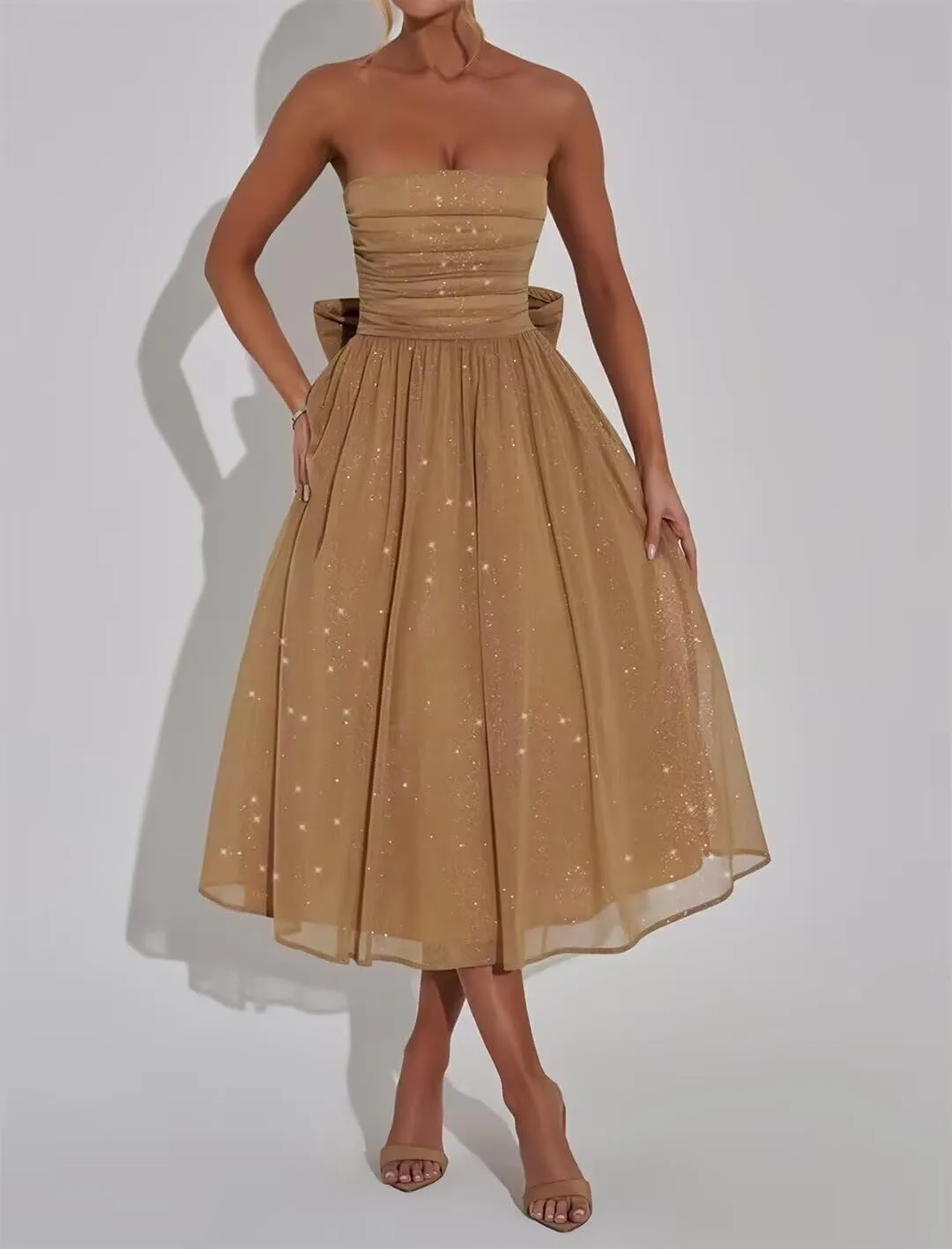 Sparkly Strapless Prom Dress for Women 2025 Tea Length Summer Tulle Dress with Bow Midi Evening Gowns