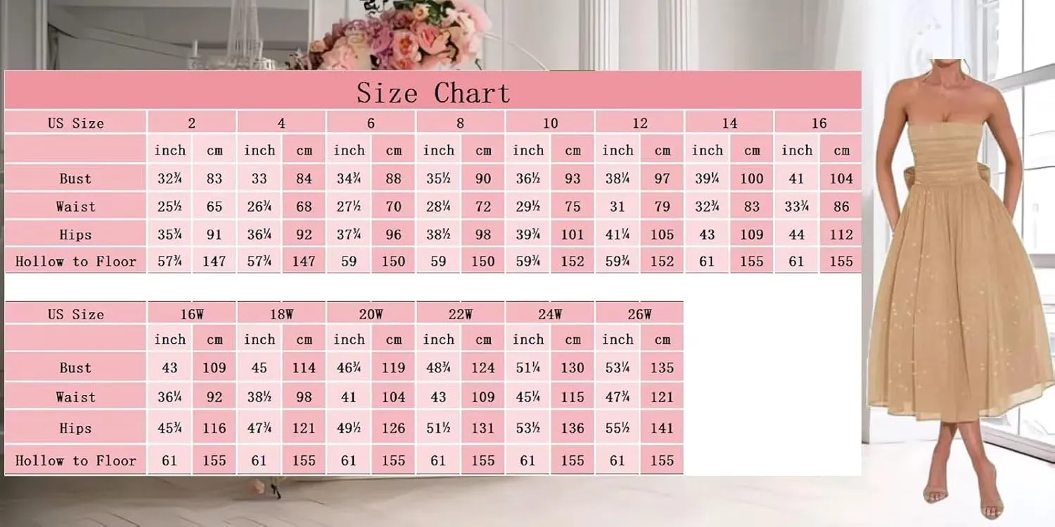 Sparkly Strapless Prom Dress for Women 2025 Tea Length Summer Tulle Dress with Bow Midi Evening Gowns
