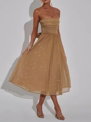 Sparkly Strapless Prom Dress for Women 2025 Tea Length Summer Tulle Dress with Bow Midi Evening Gowns