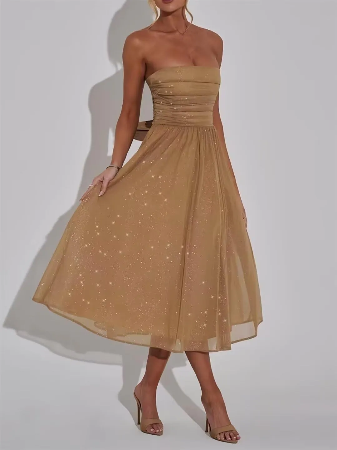 Sparkly Strapless Prom Dress for Women 2025 Tea Length Summer Tulle Dress with Bow Midi Evening Gowns