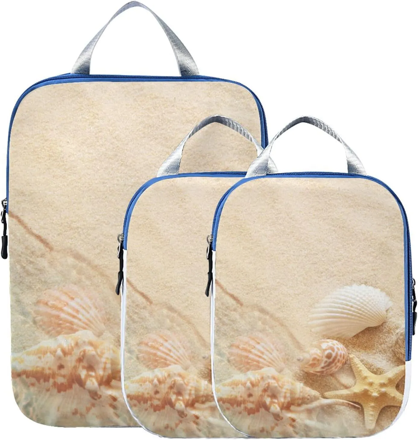 Starfish Seashell Summer Beach Compression Packing Cubes for Travel Packing Organizers Backpack 3 Pack Luggage Travel Essentials Carry Must Haves Waterproof Suitcase Storage Bags