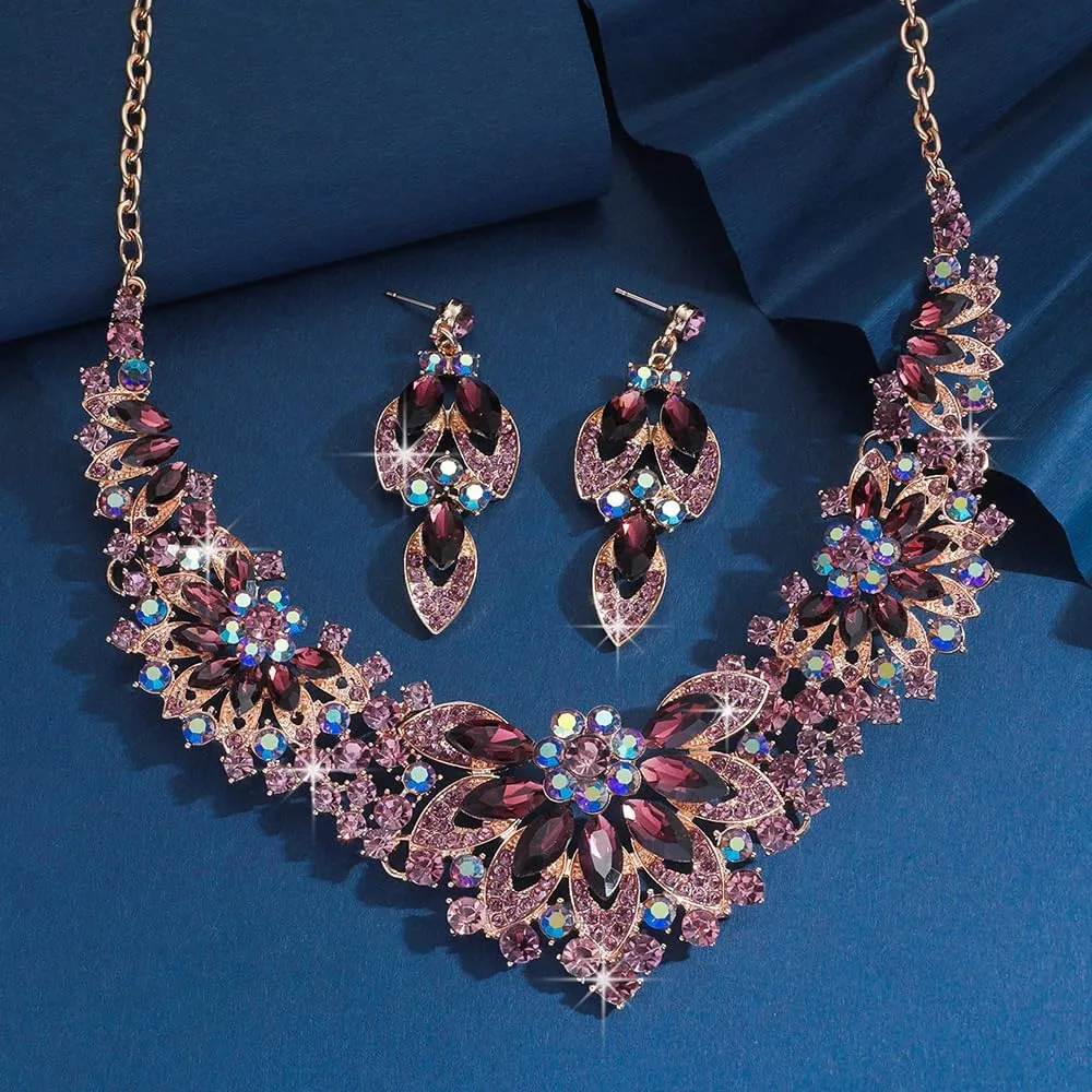Statement Necklace with Earrings Jewelry Set for Wedding Brides Teardrop Crystal Jewelry Set for Women Banquet Costume Jewelry