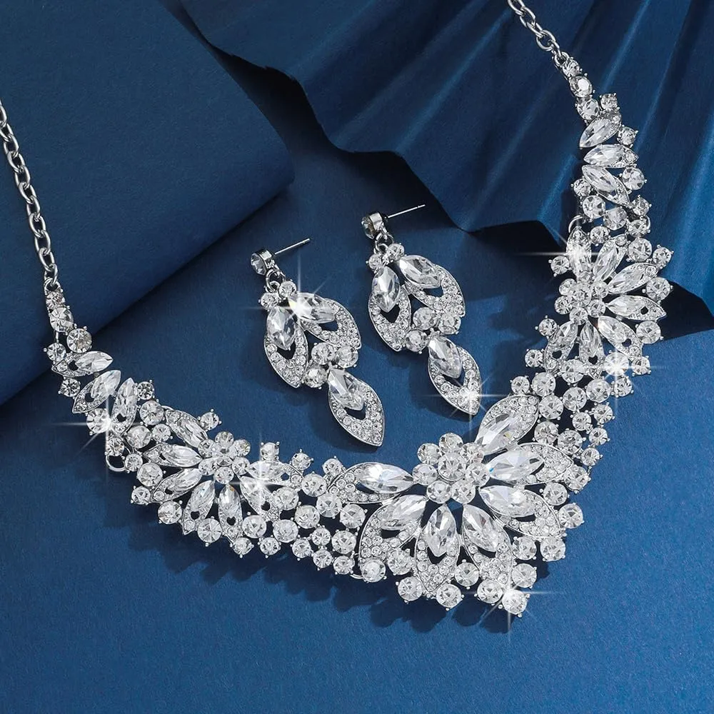 Statement Necklace with Earrings Jewelry Set for Wedding Brides Teardrop Crystal Jewelry Set for Women Banquet Costume Jewelry
