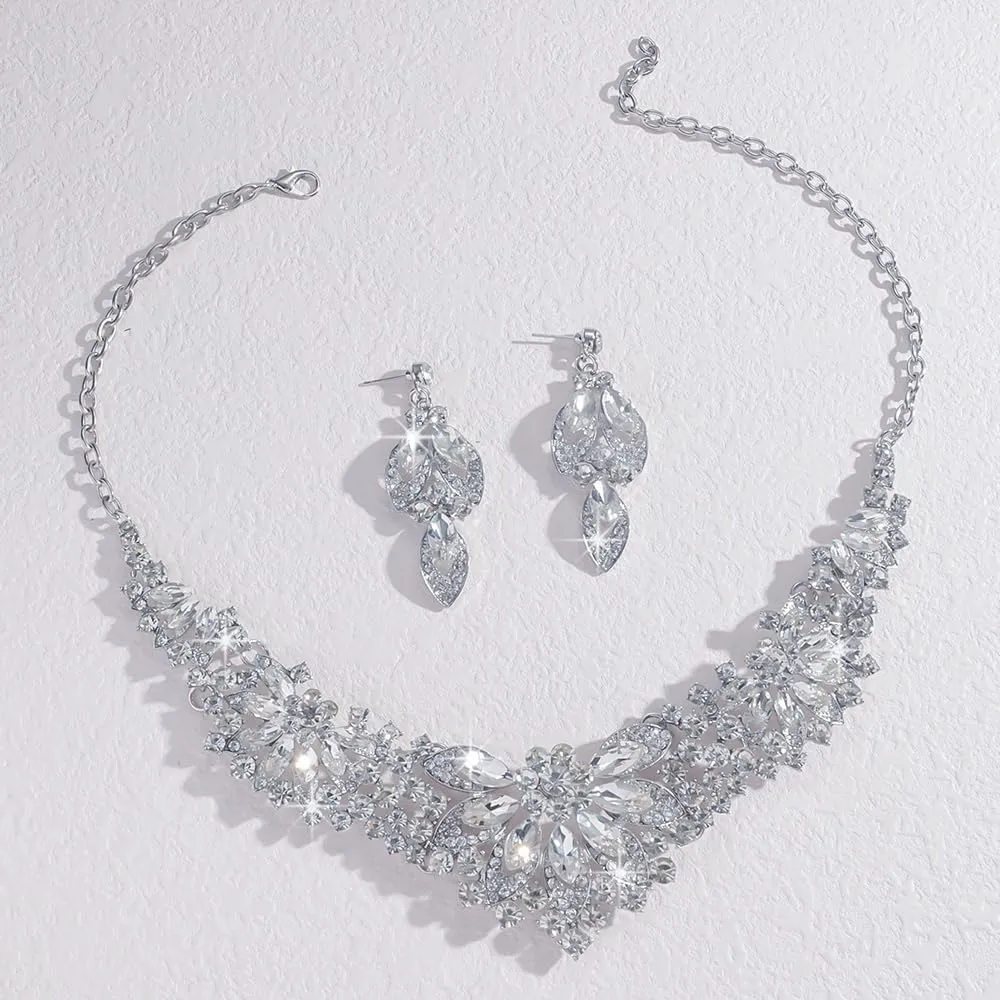 Statement Necklace with Earrings Jewelry Set for Wedding Brides Teardrop Crystal Jewelry Set for Women Banquet Costume Jewelry