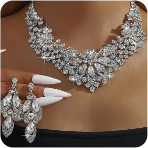 Statement Necklace with Earrings Jewelry Set for Wedding Brides Teardrop Crystal Jewelry Set for Women Banquet Costume Jewelry