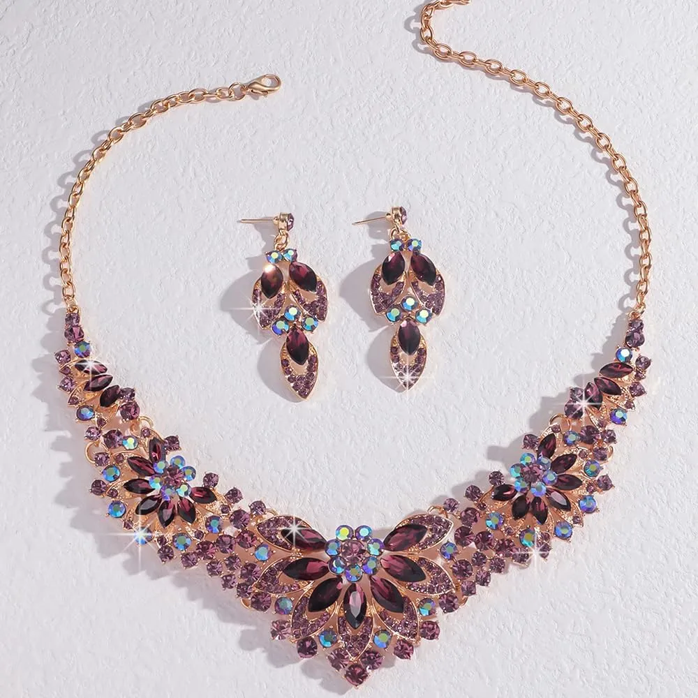 Statement Necklace with Earrings Jewelry Set for Wedding Brides Teardrop Crystal Jewelry Set for Women Banquet Costume Jewelry
